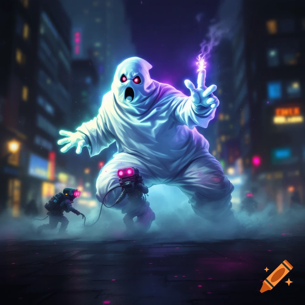 A large glowing ghost towers over small figures resembling Ghostbusters in a neon-lit city street at night.