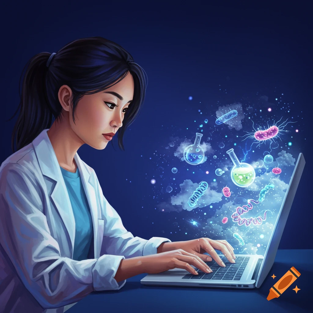 A biology student works on a laptop with glowing bacteria and flasks rising from the screen.