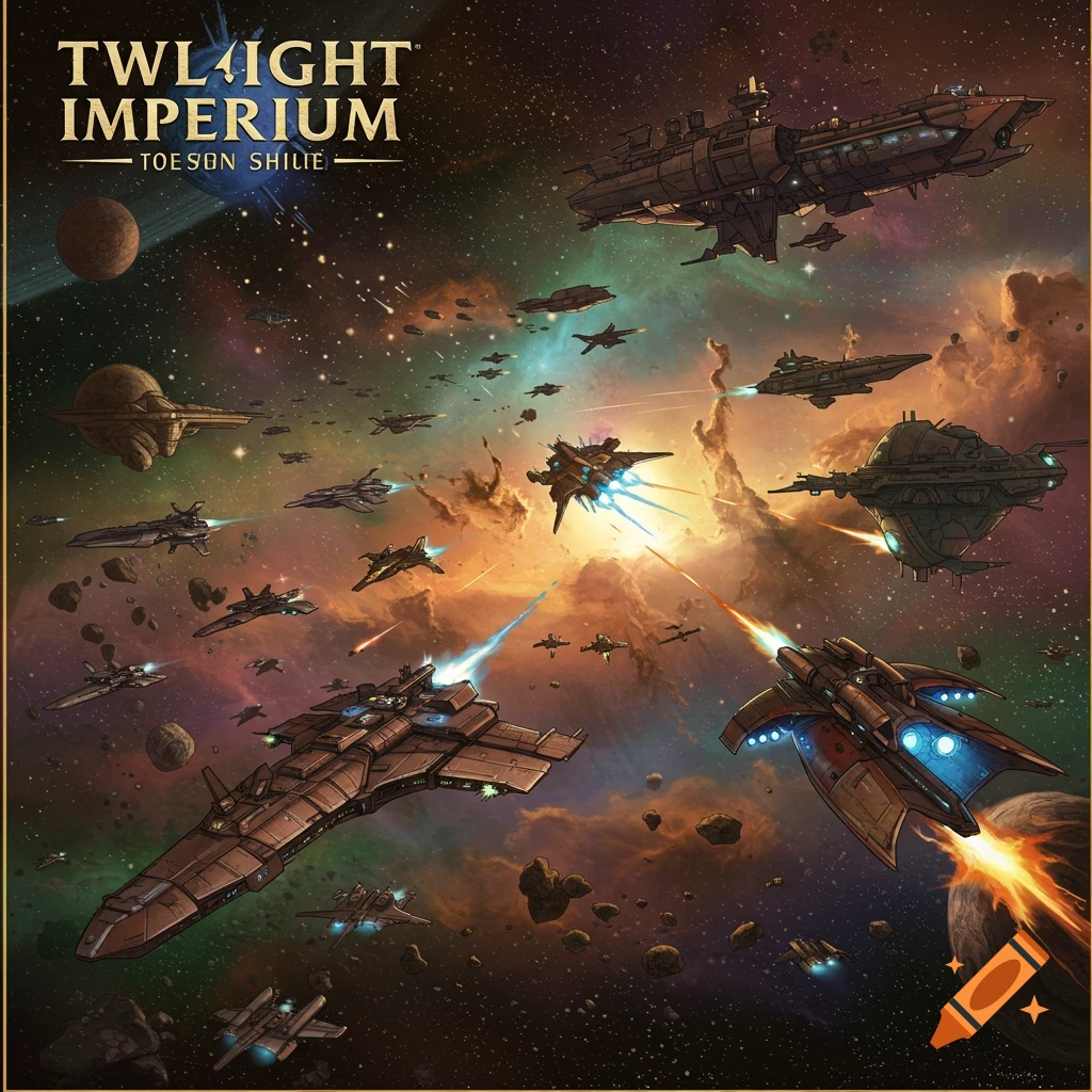 Illustration of a large space battle with many spaceships, planets, and asteroids