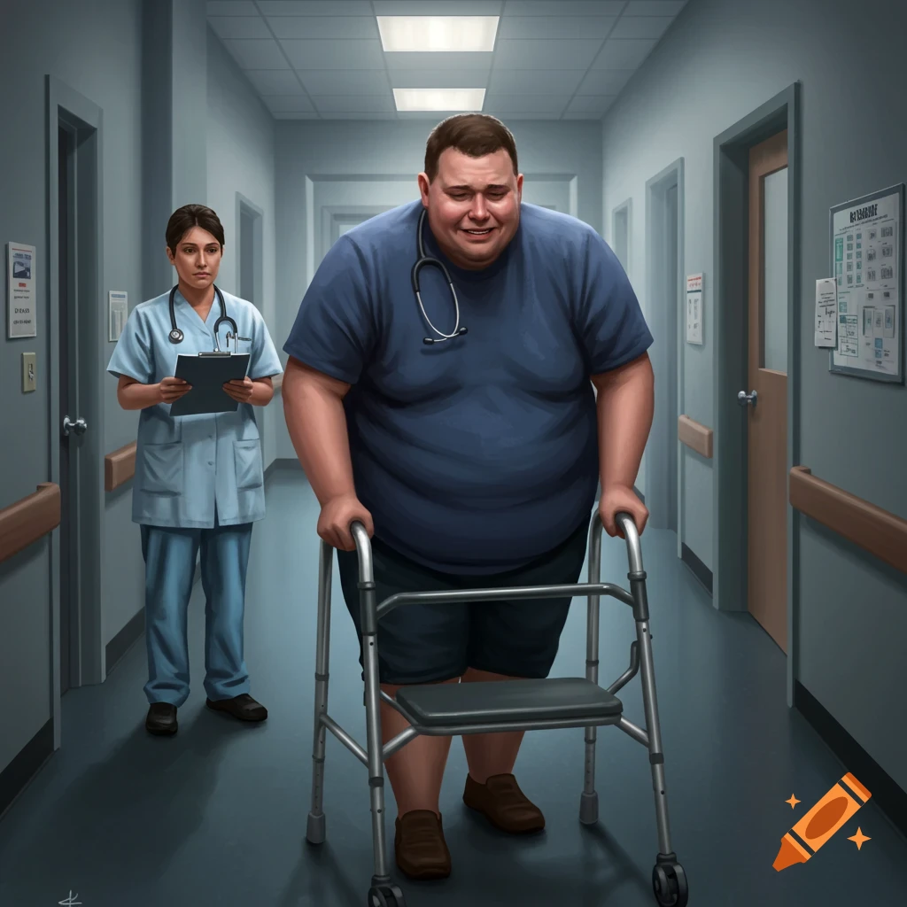 A large person uses a walker in a hospital hallway, followed by a nurse.