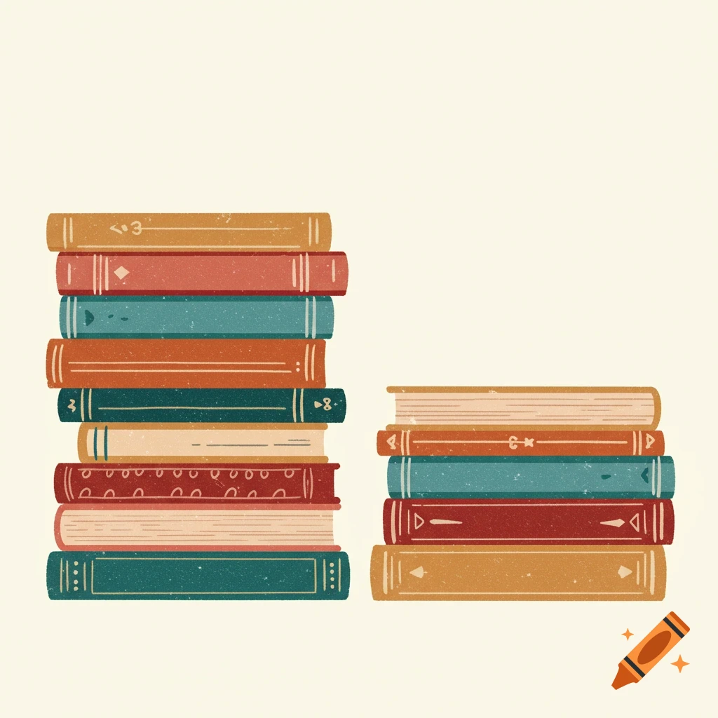 Two stacks of illustrated books in a minimalist vintage style.