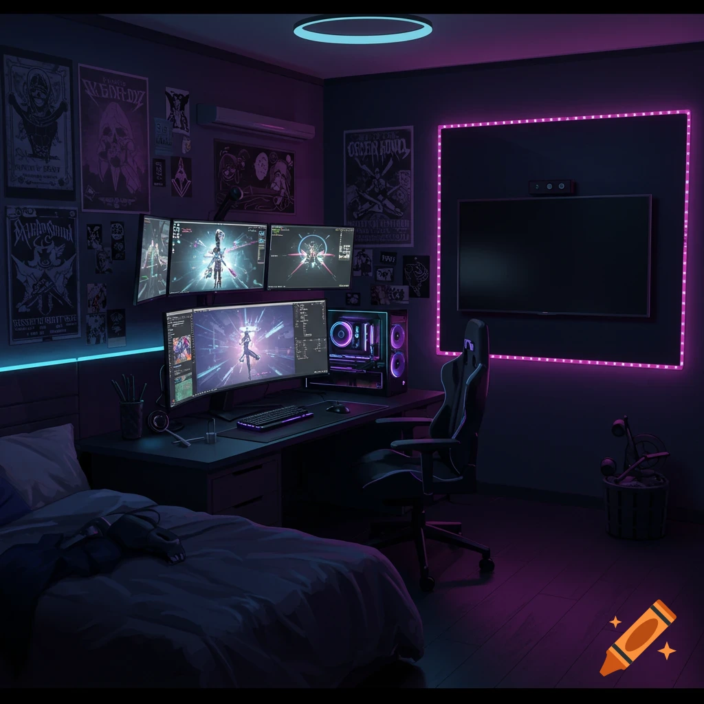 Dark gaming bedroom with multi-monitor setup, LED lights, posters, and bed.