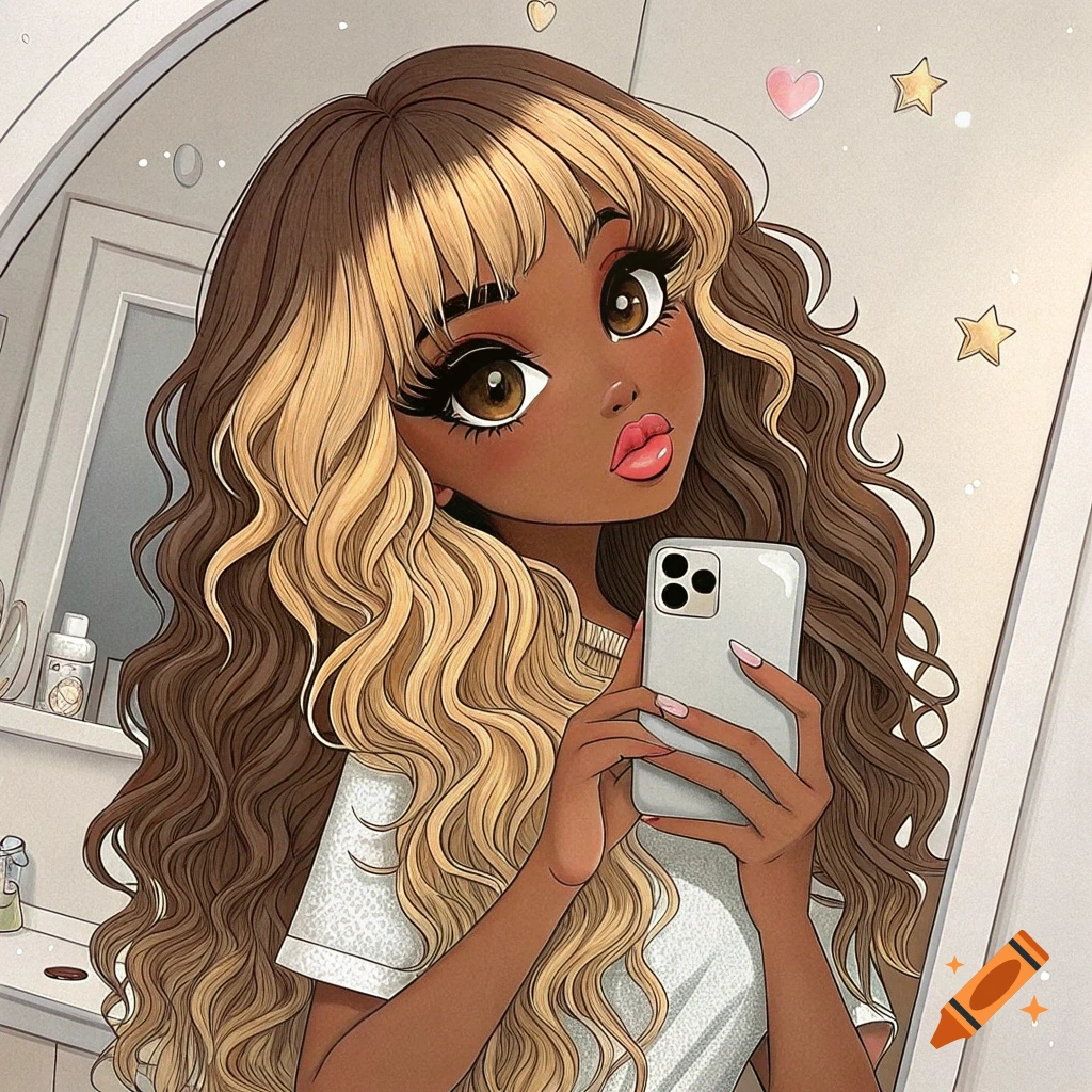 Illustration of an anime girl with long hair taking a selfie in a mirror.
