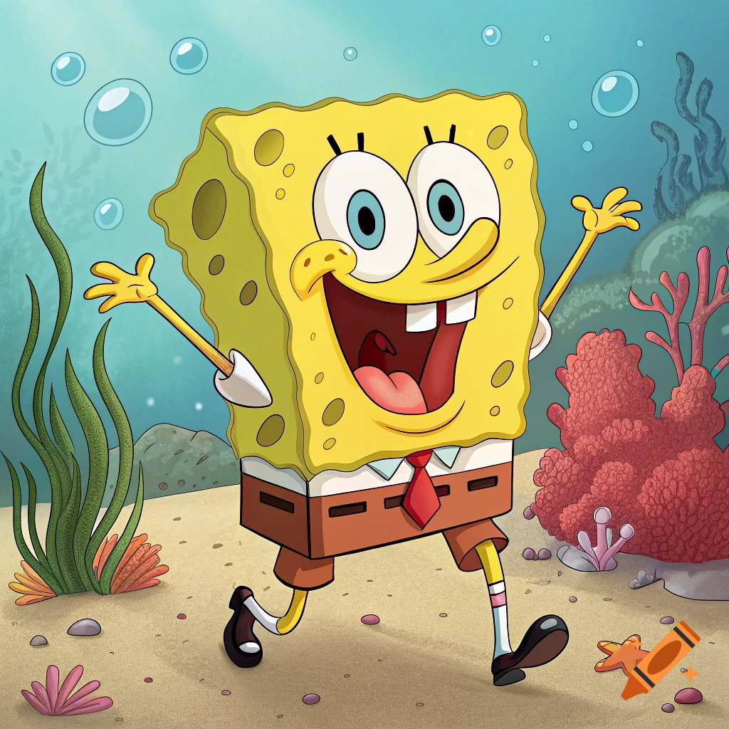 Cartoon Spongebob Squarepants walks happily underwater.