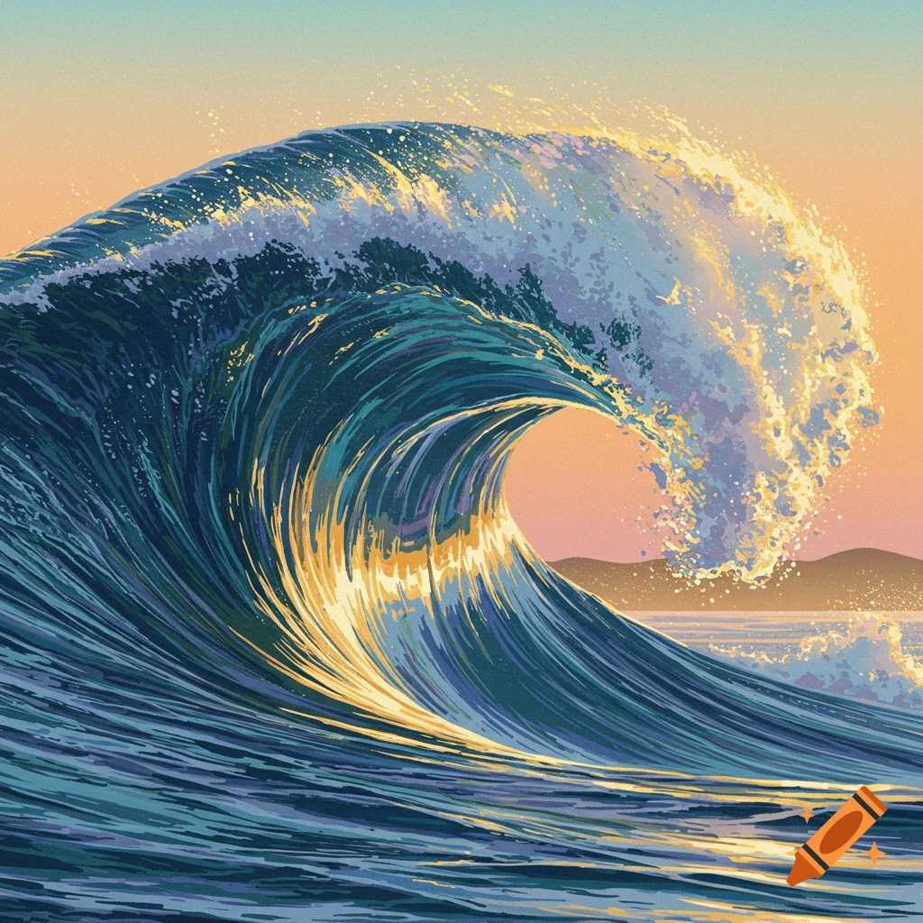 Large breaking ocean wave at sunset, stylized art