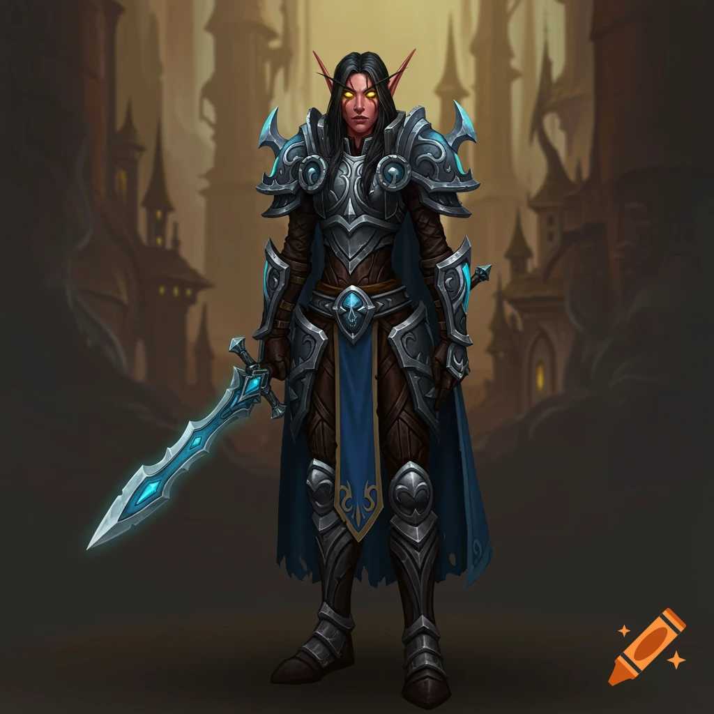 A female Blood elf paladin in blue and silver plate armor stands holding a glowing sword, with a fantasy city background.