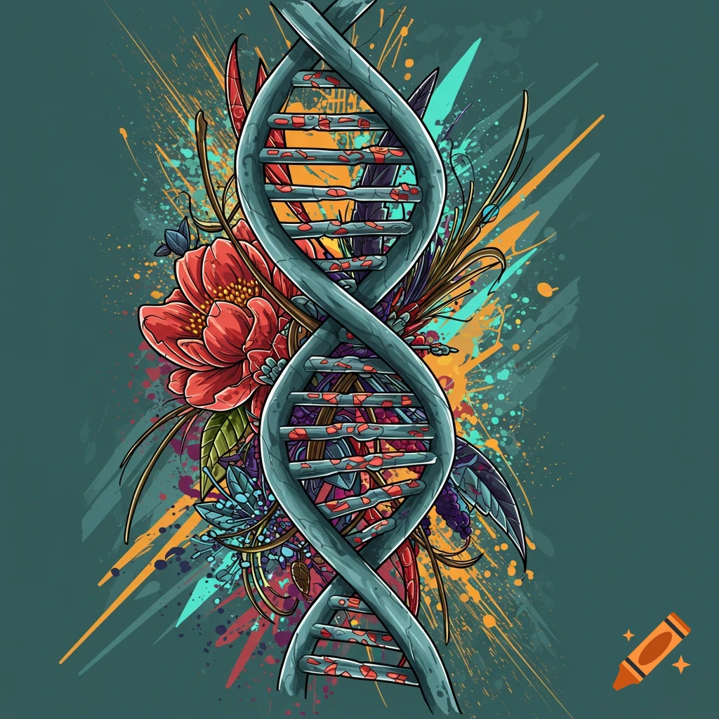Stylized DNA helix with flowers and splatter in a colorful new school illustration style.