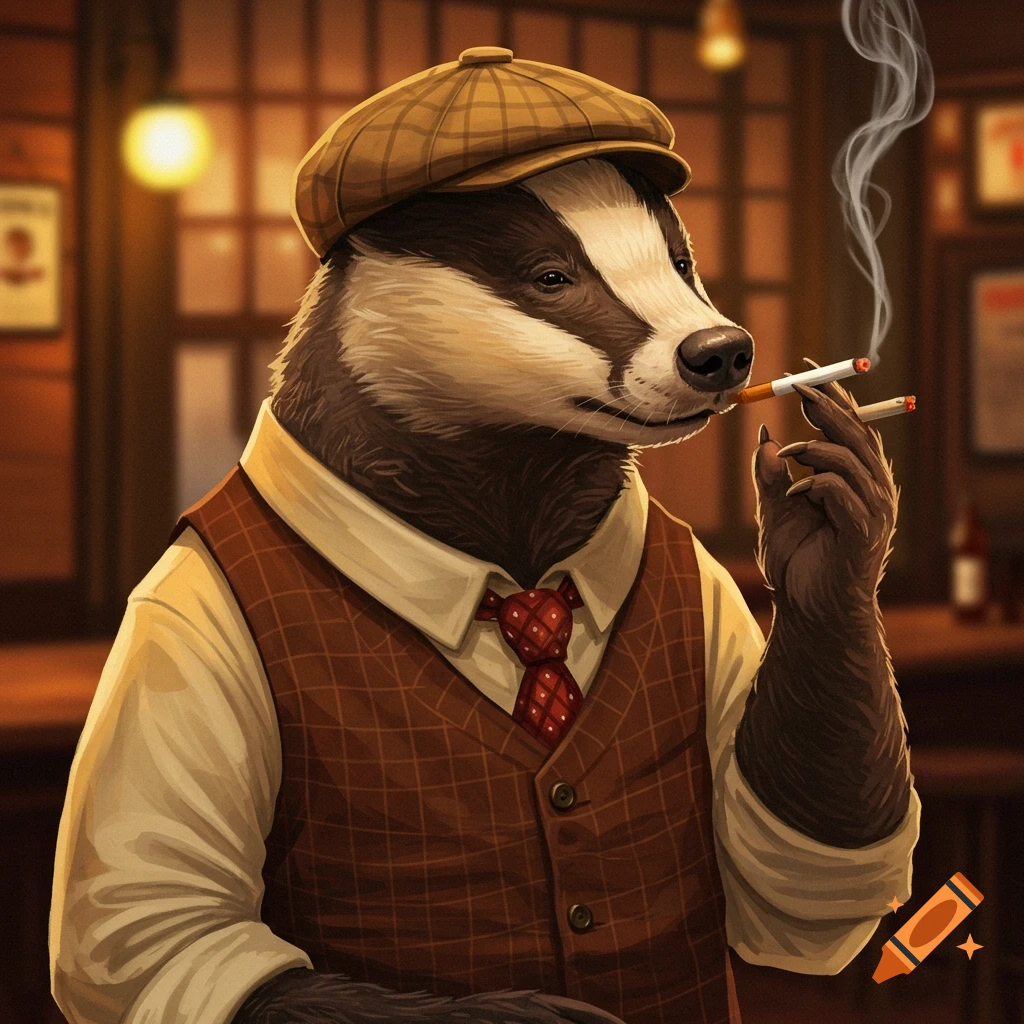 An anthropomorphic badger wearing a cap and vest smokes two cigarettes in a pub.
