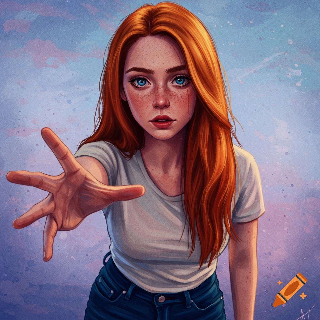 A young woman with red hair and freckles reaching out her hand