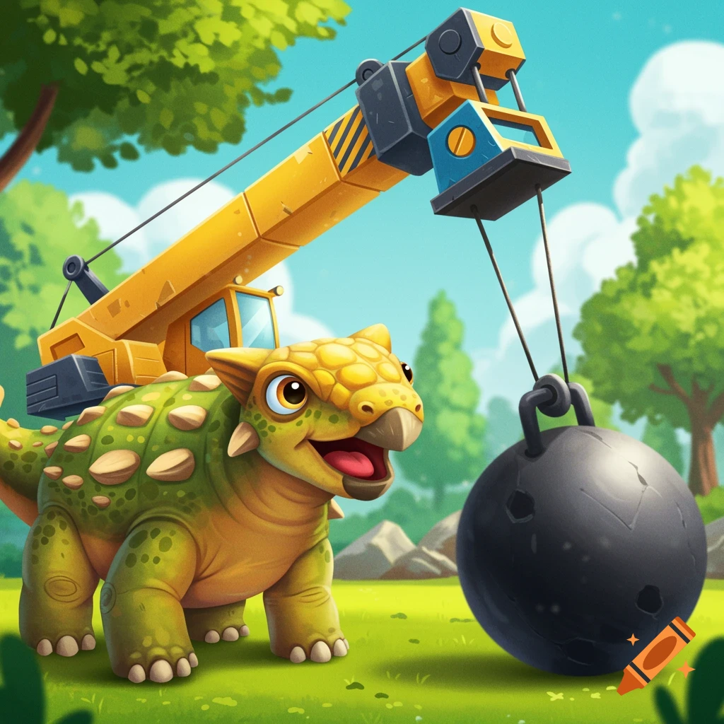 Cartoon ankylosaurus stands near a wrecking ball crane in a sunny field.