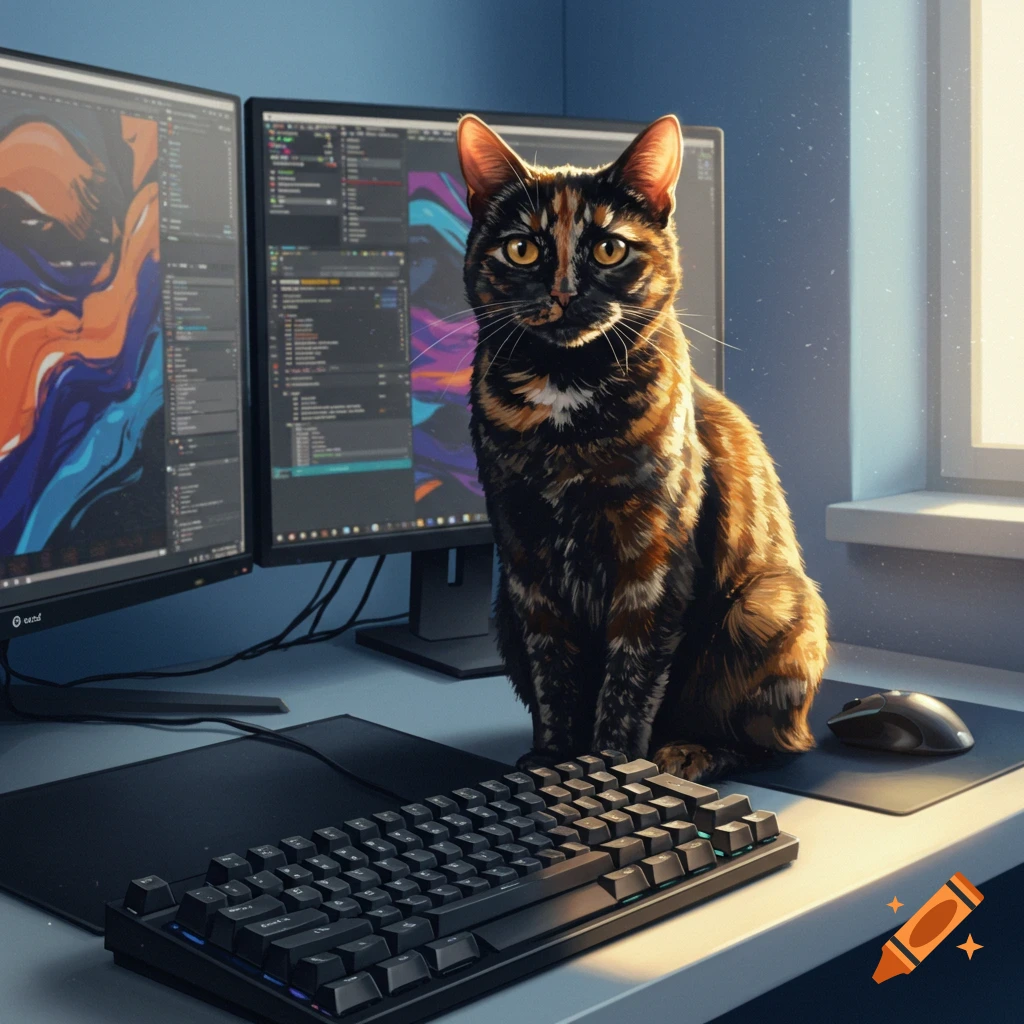 A tortoiseshell cat sits on a desk in front of two monitors, behind a keyboard and mouse.