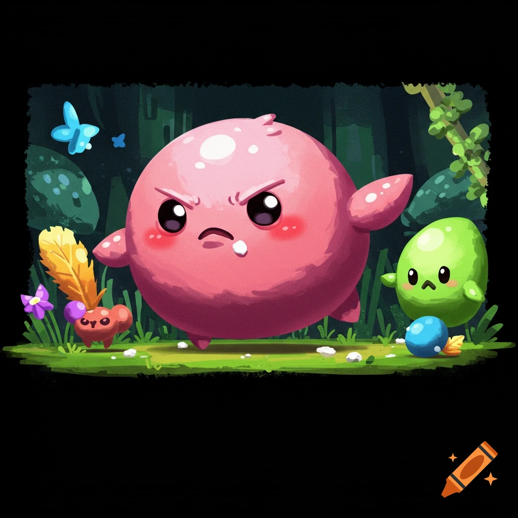 Cartoon splash art of a pink character and a green character in a forest with a black bottom area.
