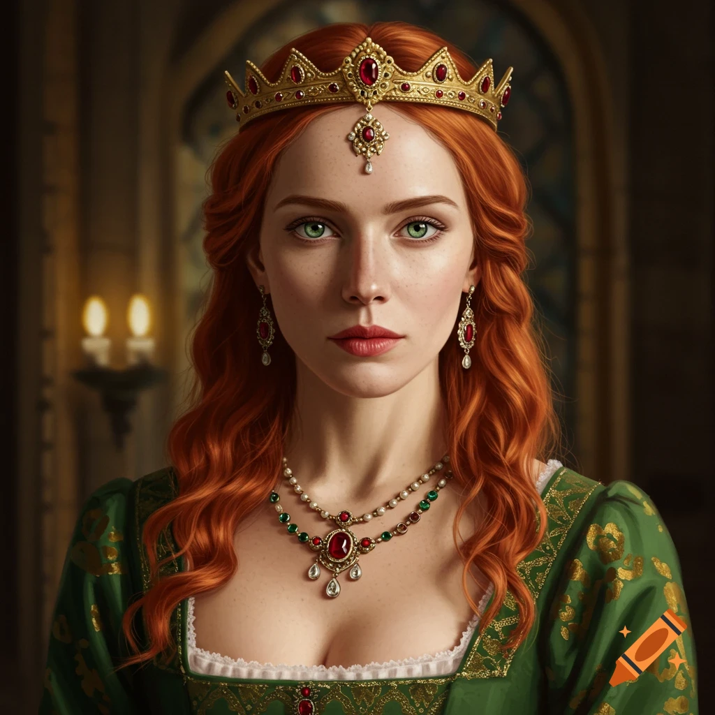 Portrait of a red-haired queen in a crown and jewelry, in the style of a classic painting.