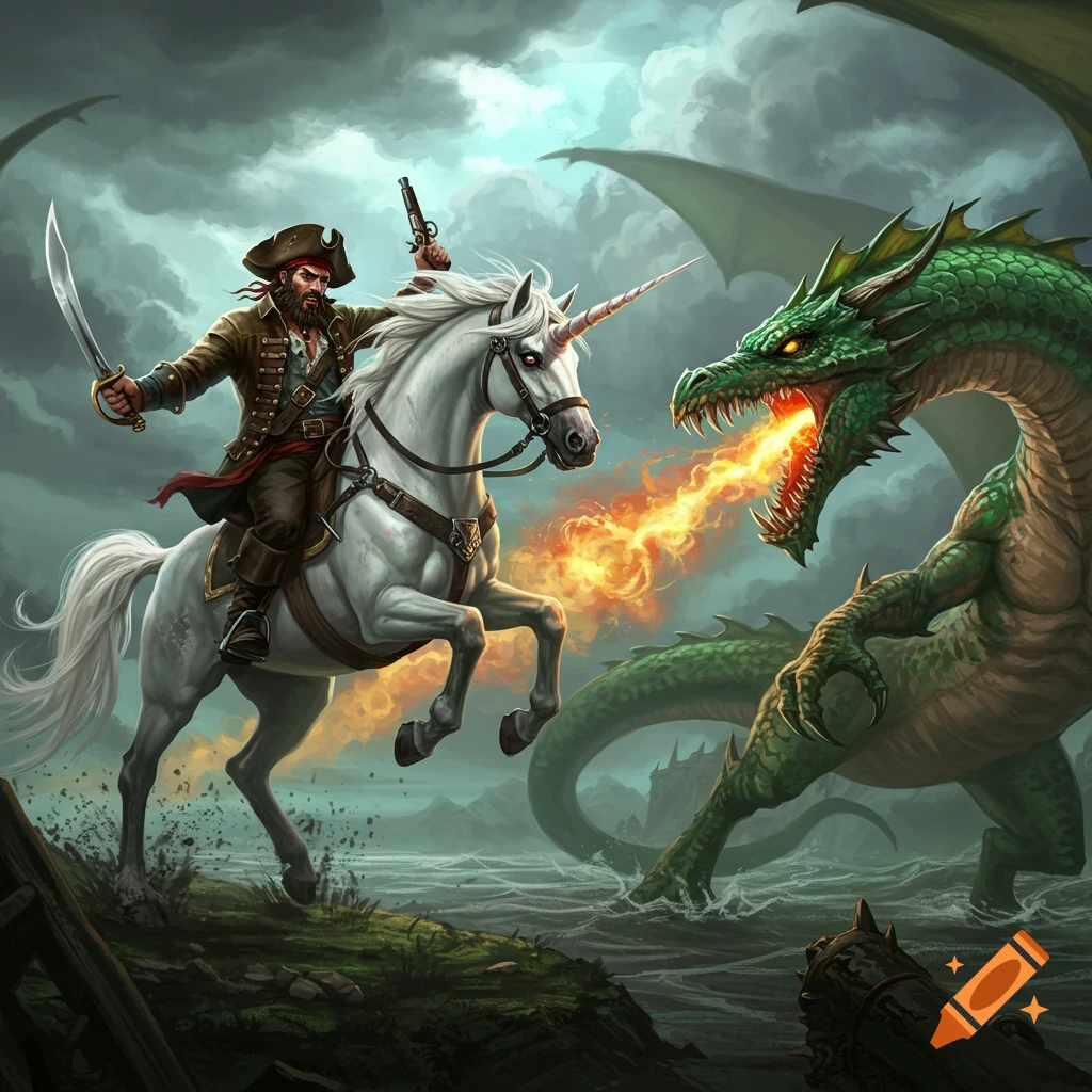A pirate riding a white unicorn battles a large, green fire-breathing dragon.