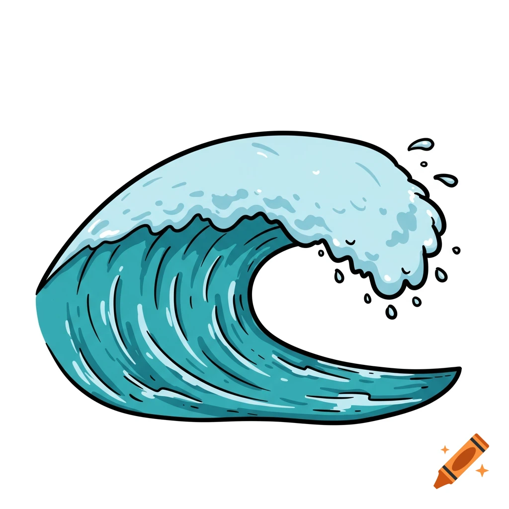 A cartoon style illustration of a large blue ocean wave with white foam splashing.