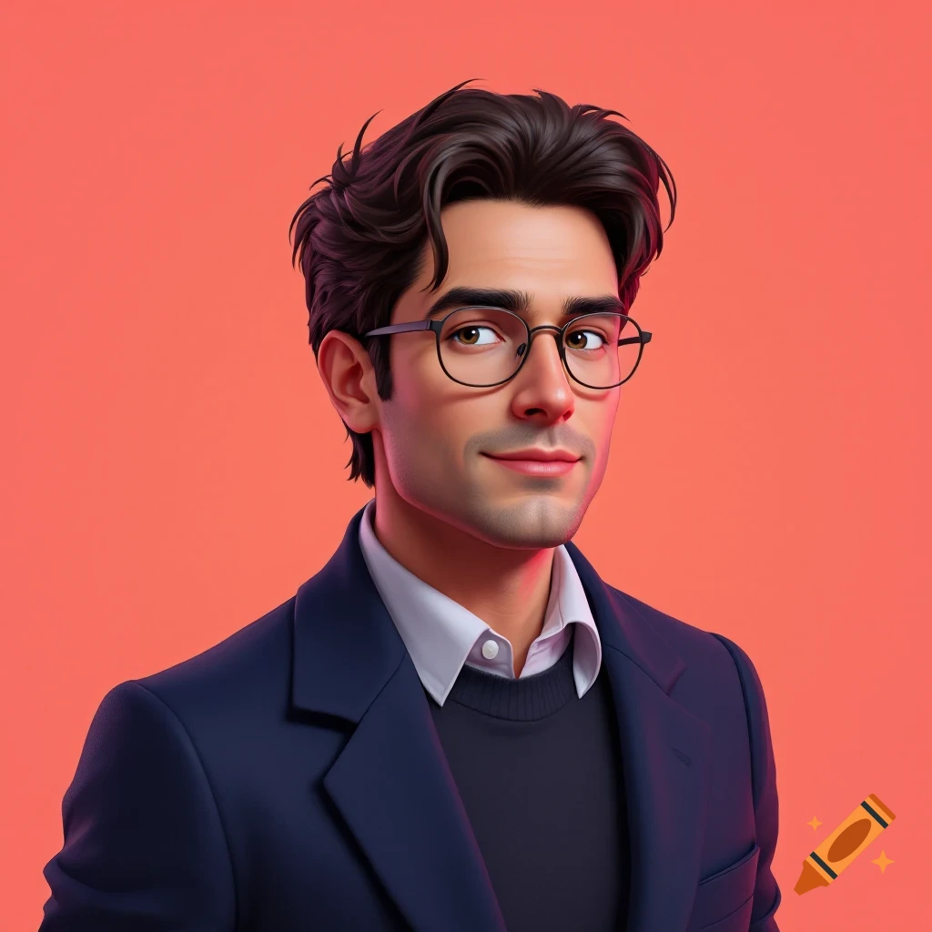 Digital illustration of a man in glasses and a suit jacket over a sweater against a solid background.