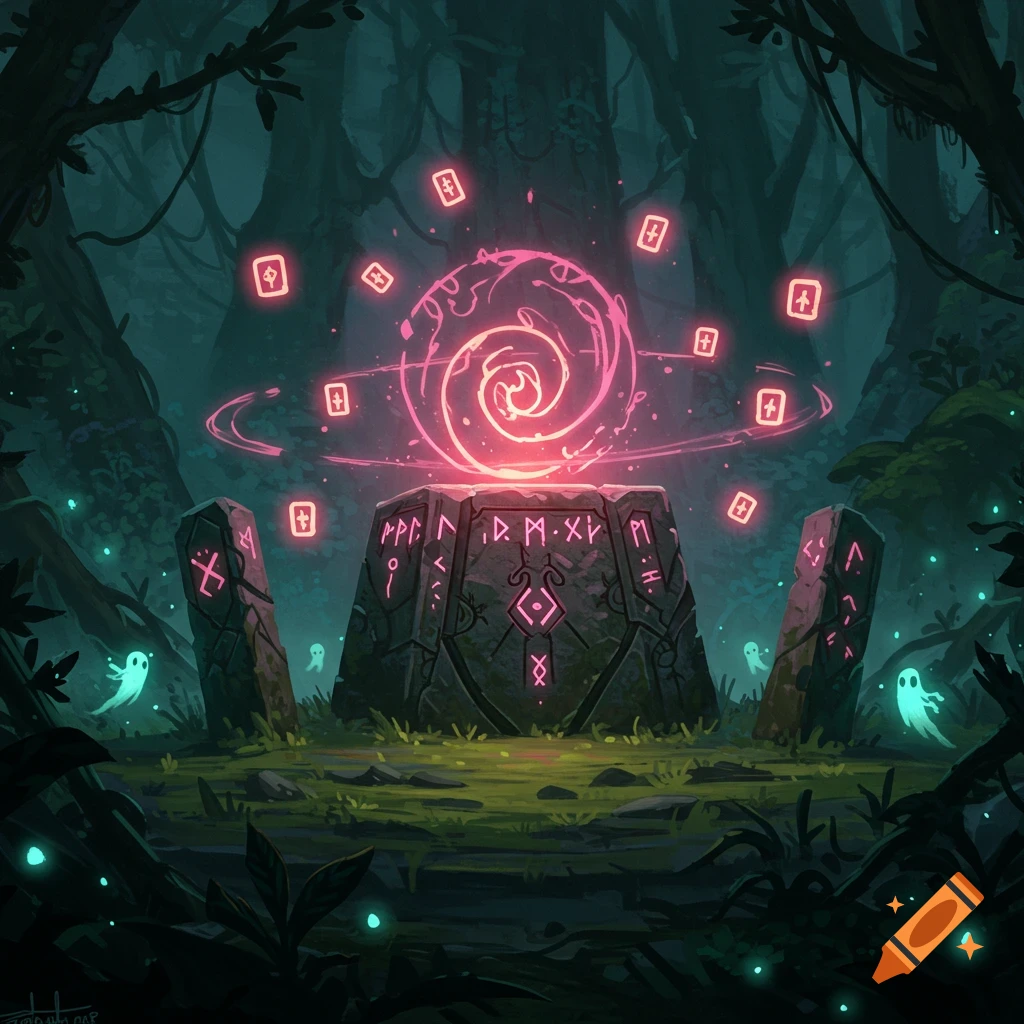 A mystical stone altar with glowing runes sits in a dark forest clearing, surrounded by swirling pink energy, floating symbols, and small spirits.