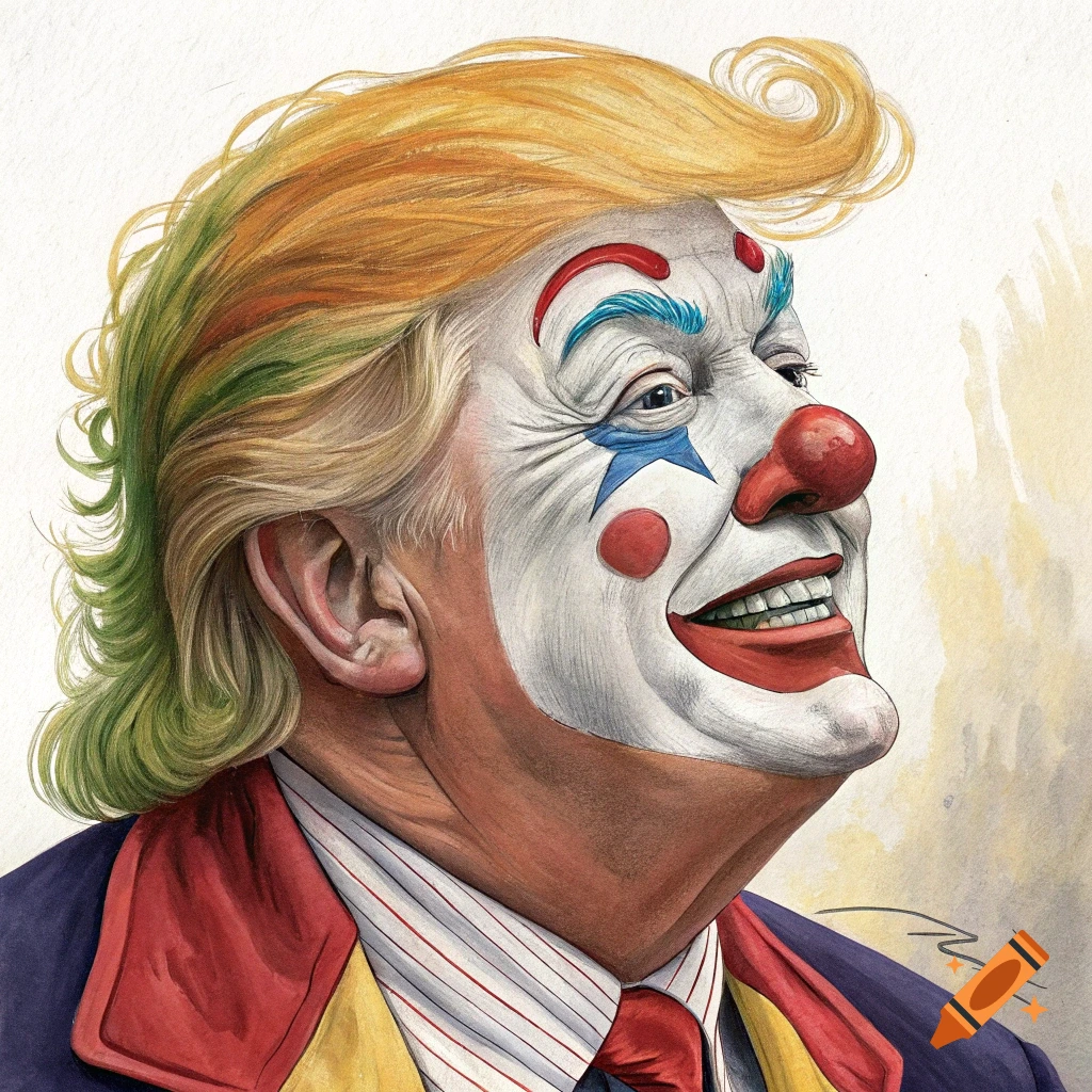 Illustration of Donald Trump's face in clown makeup and costume, looking up and smiling. Watercolor style.