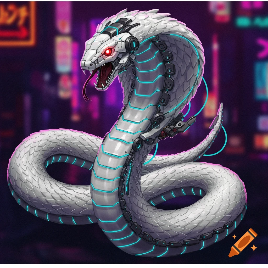 A white mecha cyborg cobra snake with glowing blue accents and red eyes in a blurry cyberpunk city.