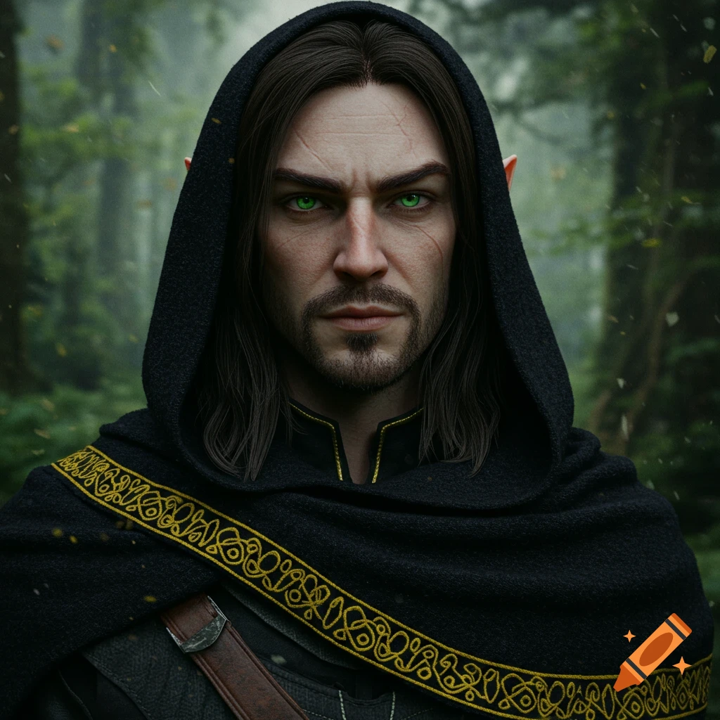 A male elf with green eyes and dark hair wearing a black hooded cloak with yellow trim in a forest.
