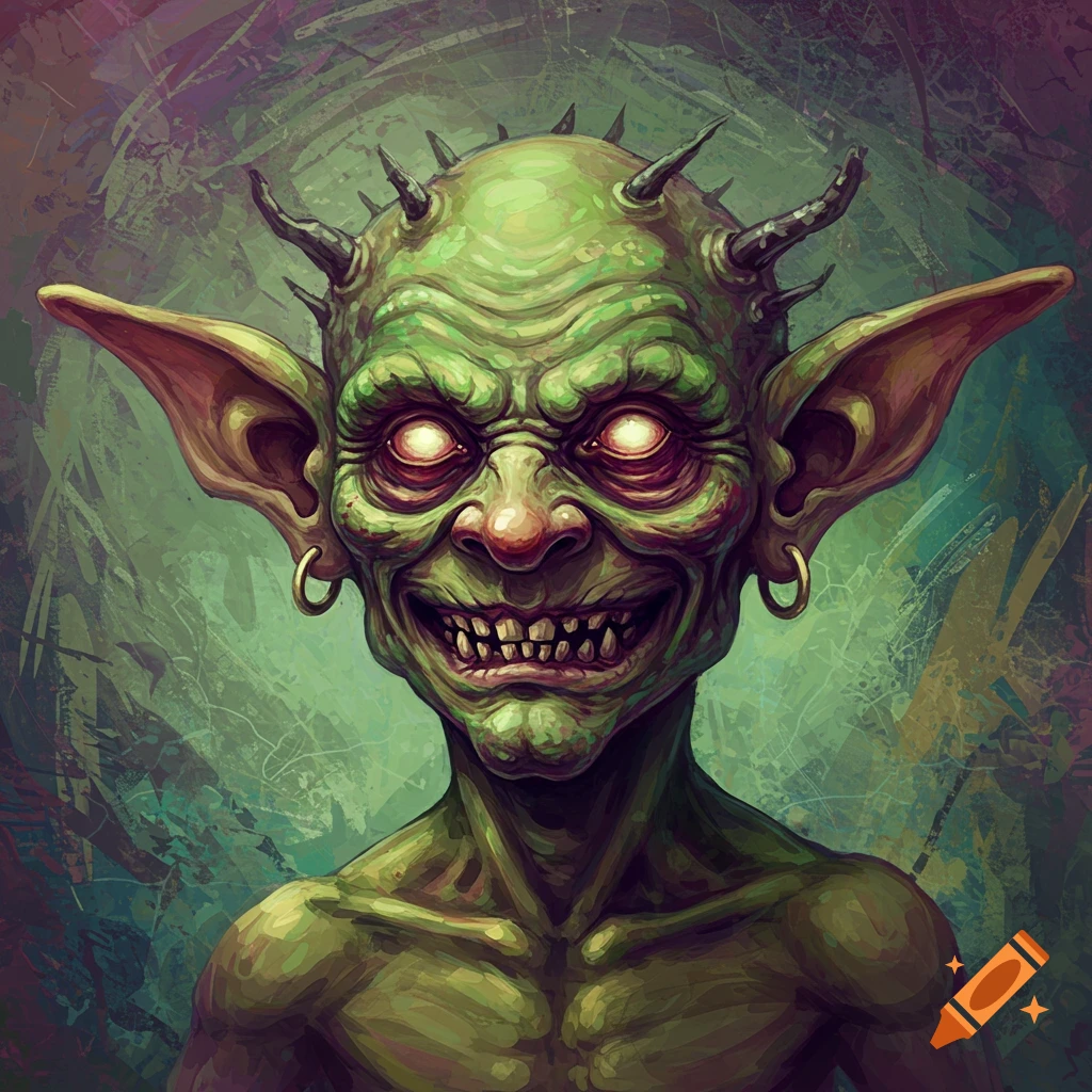 Close-up portrait of a green goblin creature with large ears, horns, sharp teeth, and glowing eyes in an abstract art style.