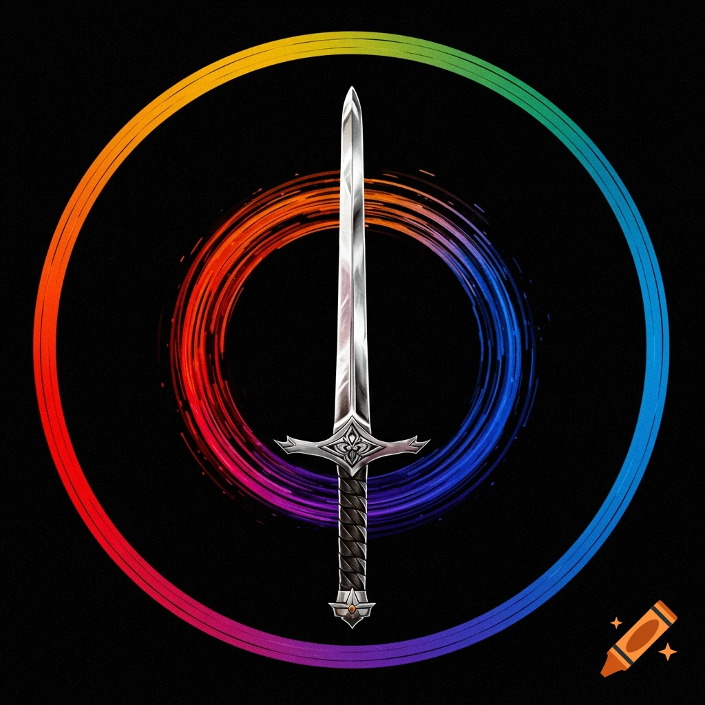 A silver sword centered against a black background, surrounded by colorful rings like a color wheel.