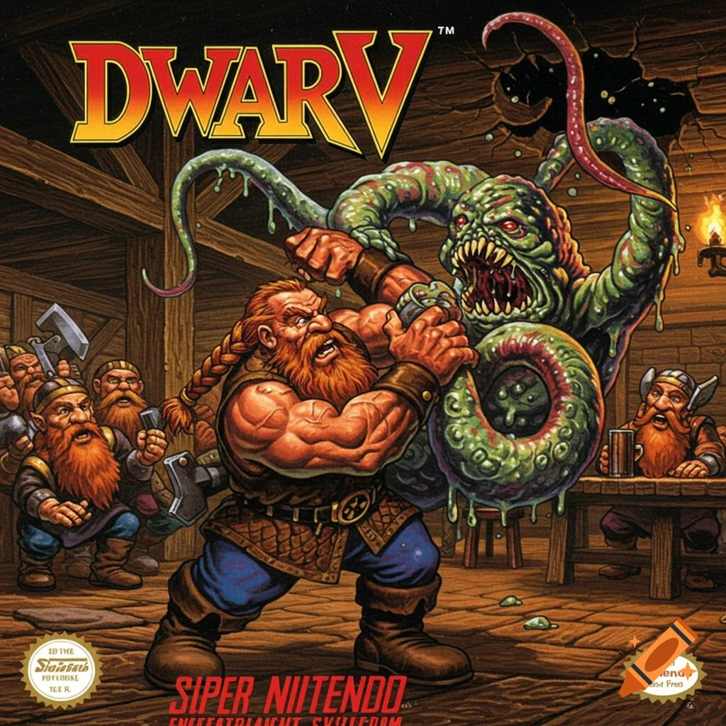 Illustration in retro game box art style of a dwarf fighting a green monster in a tavern.