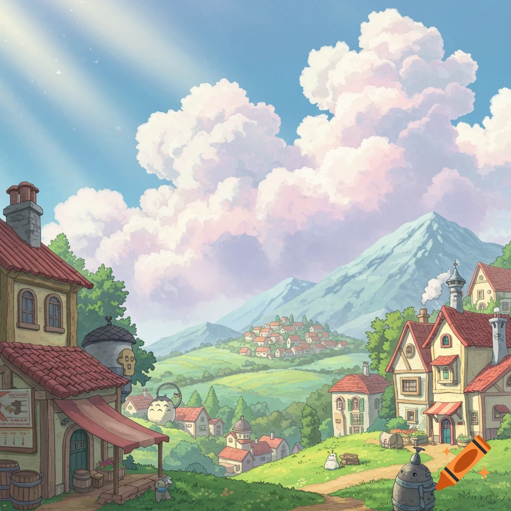 A cartoon village landscape with houses, mountains, and large clouds, in Ghibli style.