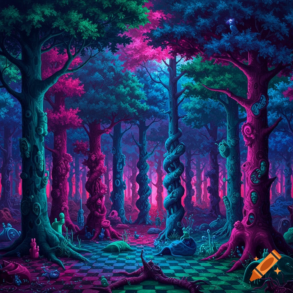 A surreal forest landscape with brightly colored trees and checkered ground in a highly detailed art style.