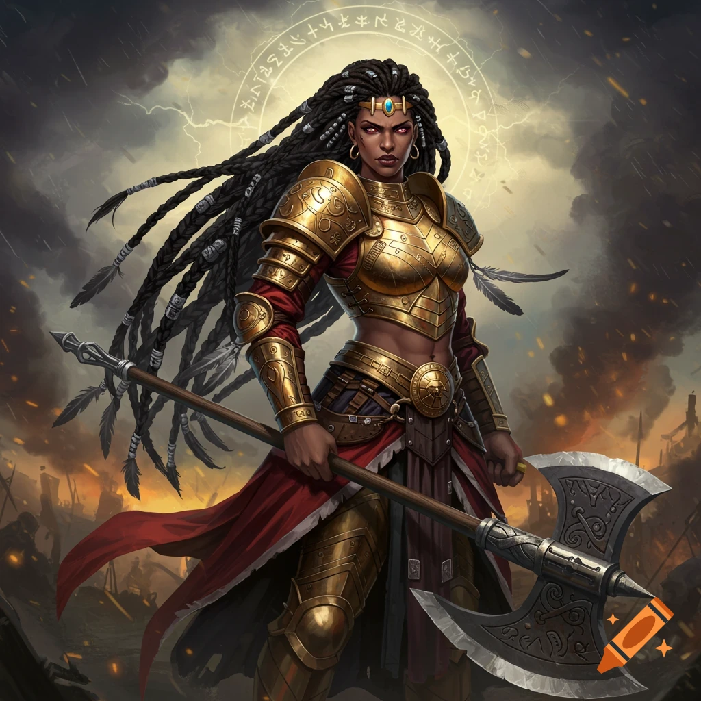 A warrior goddess in golden armor holds a large axe on a battlefield under a stormy sky.