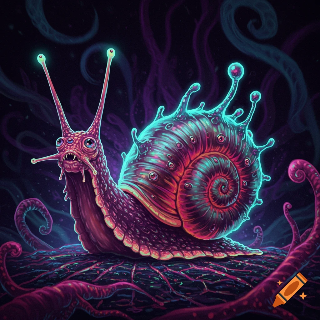 A vibrant, glowing alien snail with multiple eyes on dark, root-like ground.