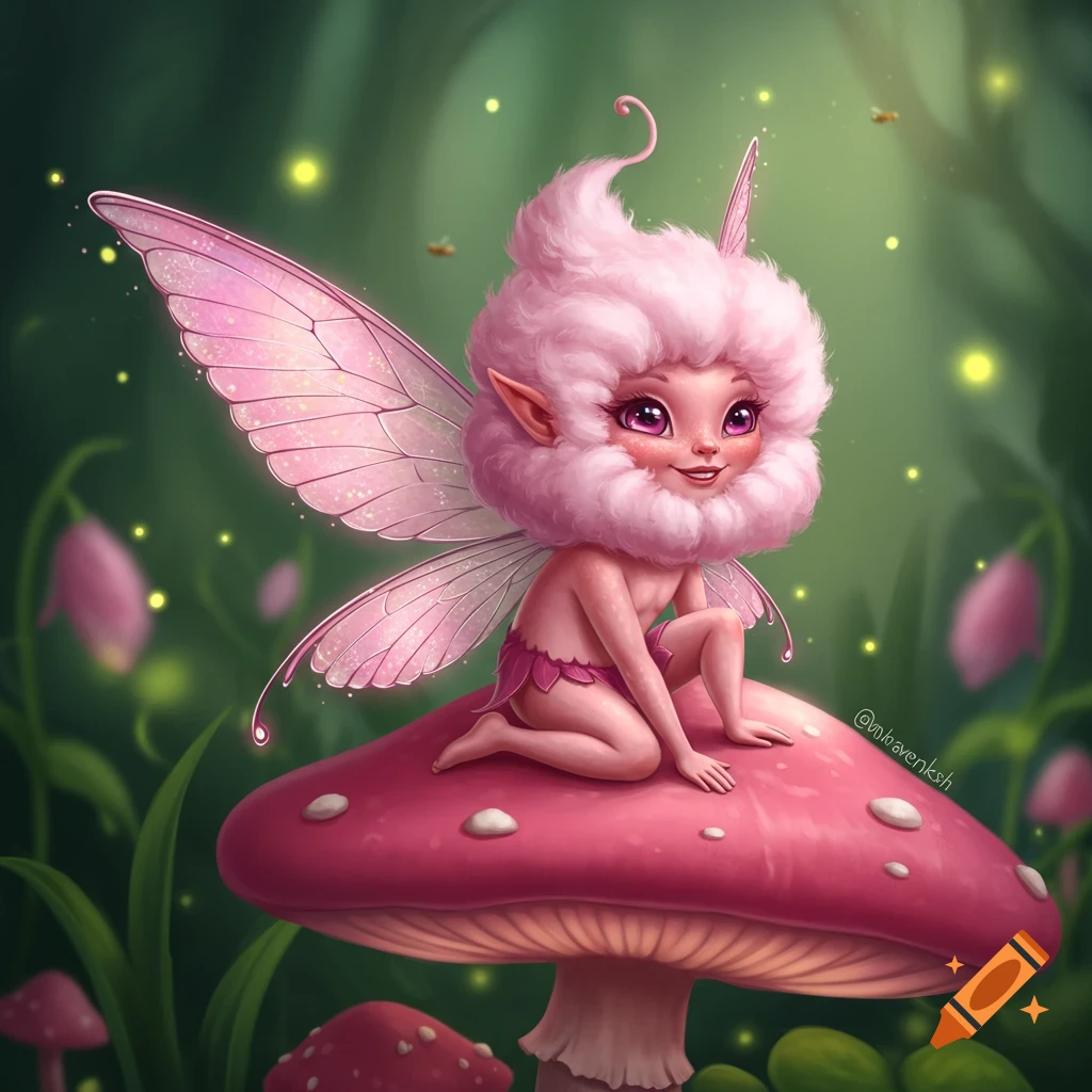 A pink fairy with fluffy hair and wings sits on a large red mushroom in a forest.