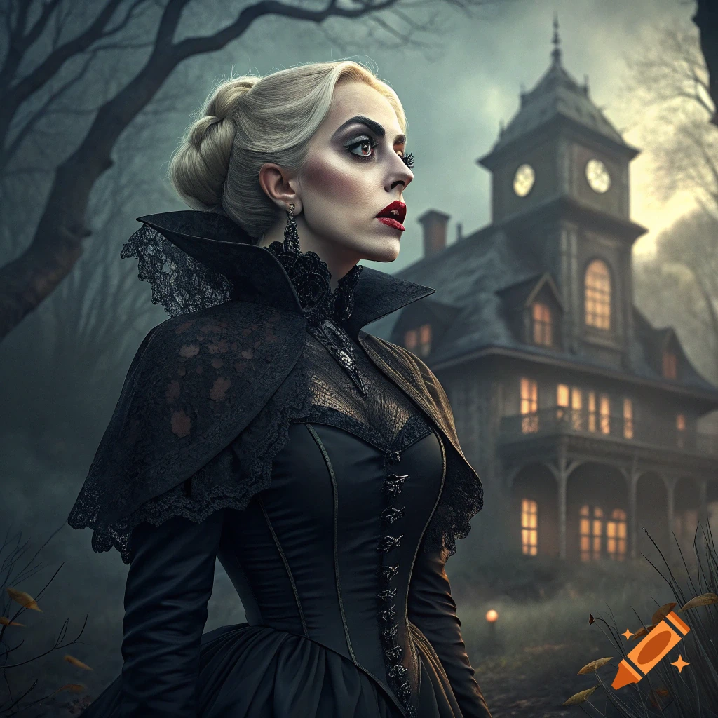 A woman in black gothic attire stands in front of a spooky mansion at dusk.