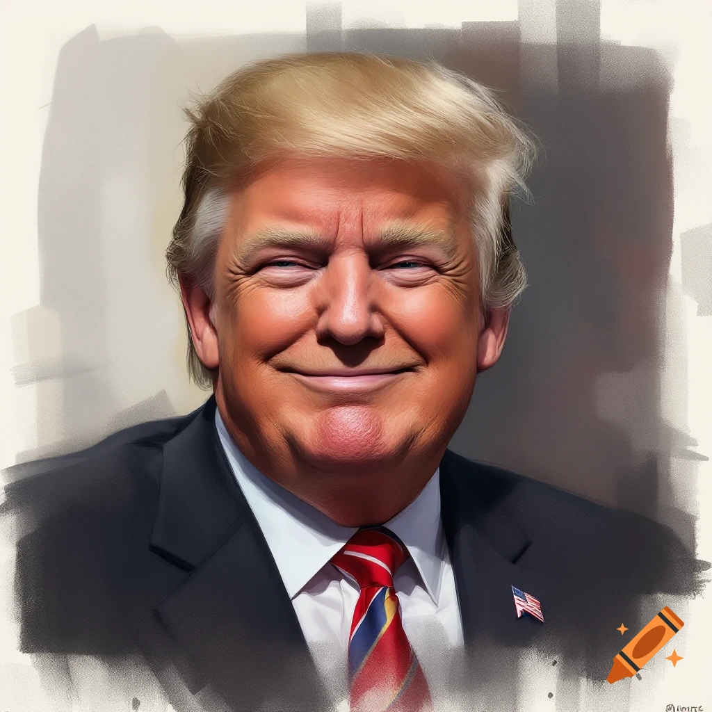 A smiling portrait of Donald Trump in a painterly illustration style.