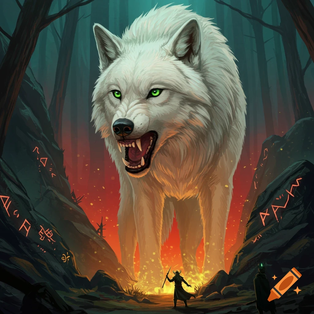 Giant white wolf roars over small figures in a dark, glowing forest illustration.