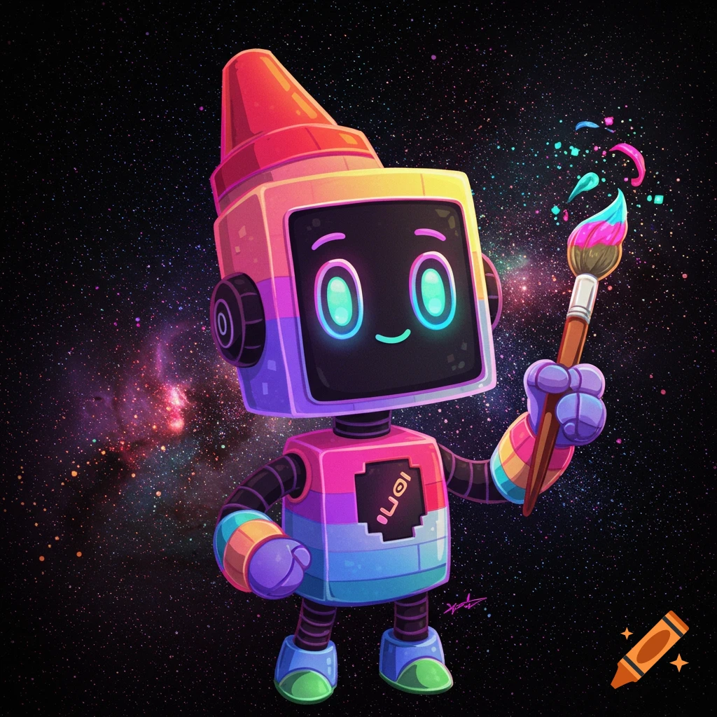 A cartoon crayon-headed robot holds a paintbrush, splashing colorful paint in front of a starry space background.