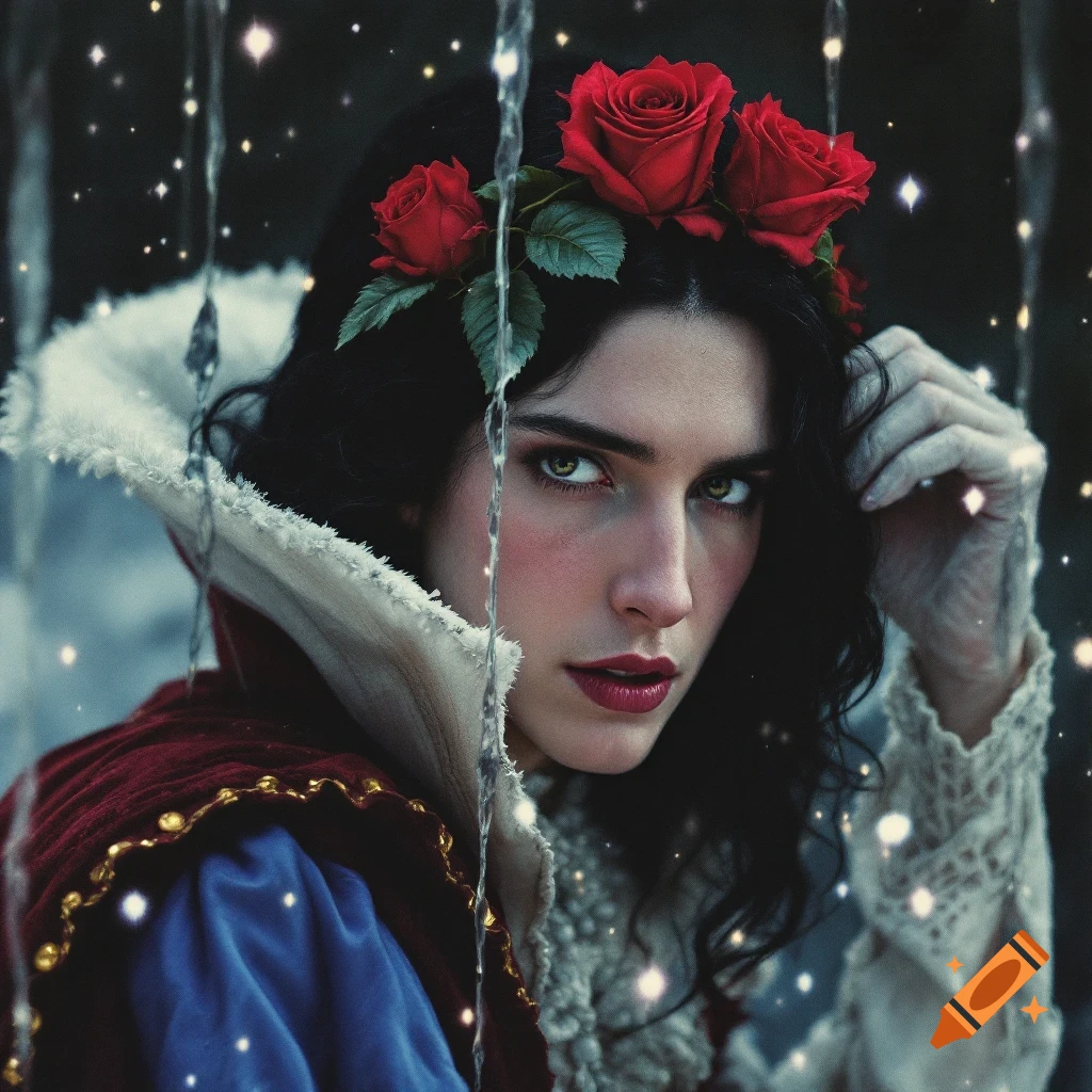 Close-up of a woman in a fantasy costume and red rose crown, with a cinematic style.