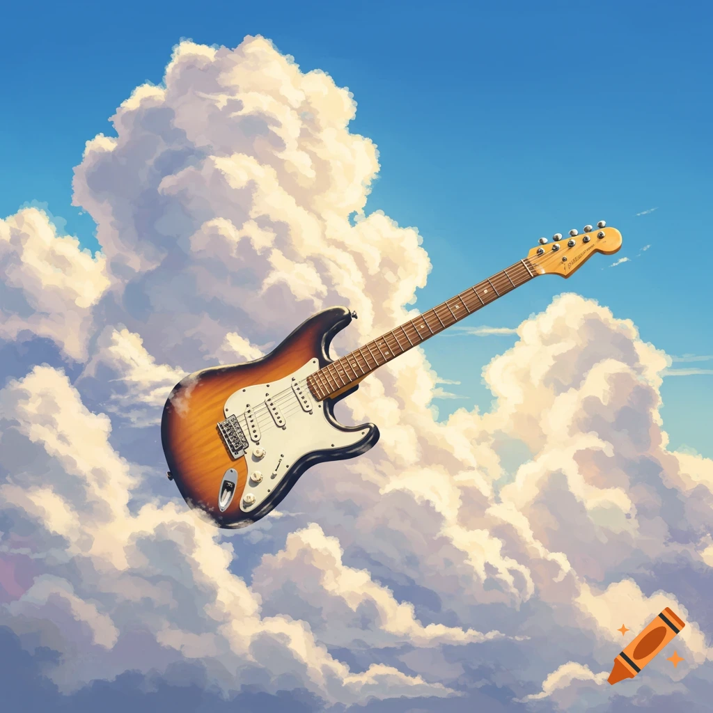 An electric guitar floats among fluffy clouds in a bright blue sky.