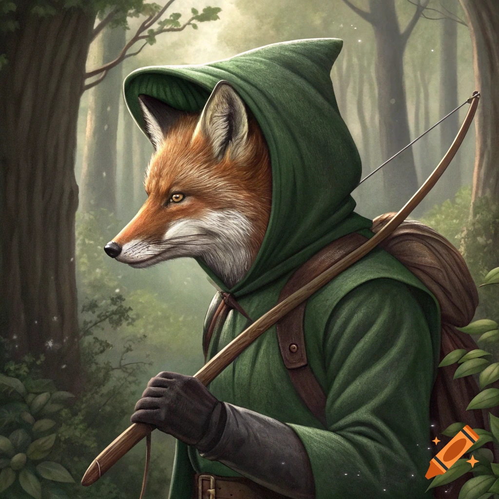 Illustration of an anthropomorphic fox in a green hood holding a bow in a forest.