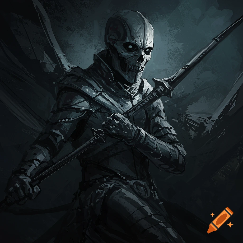 A skeletal warrior in dark armor holding a spear, in a dark sketch style.