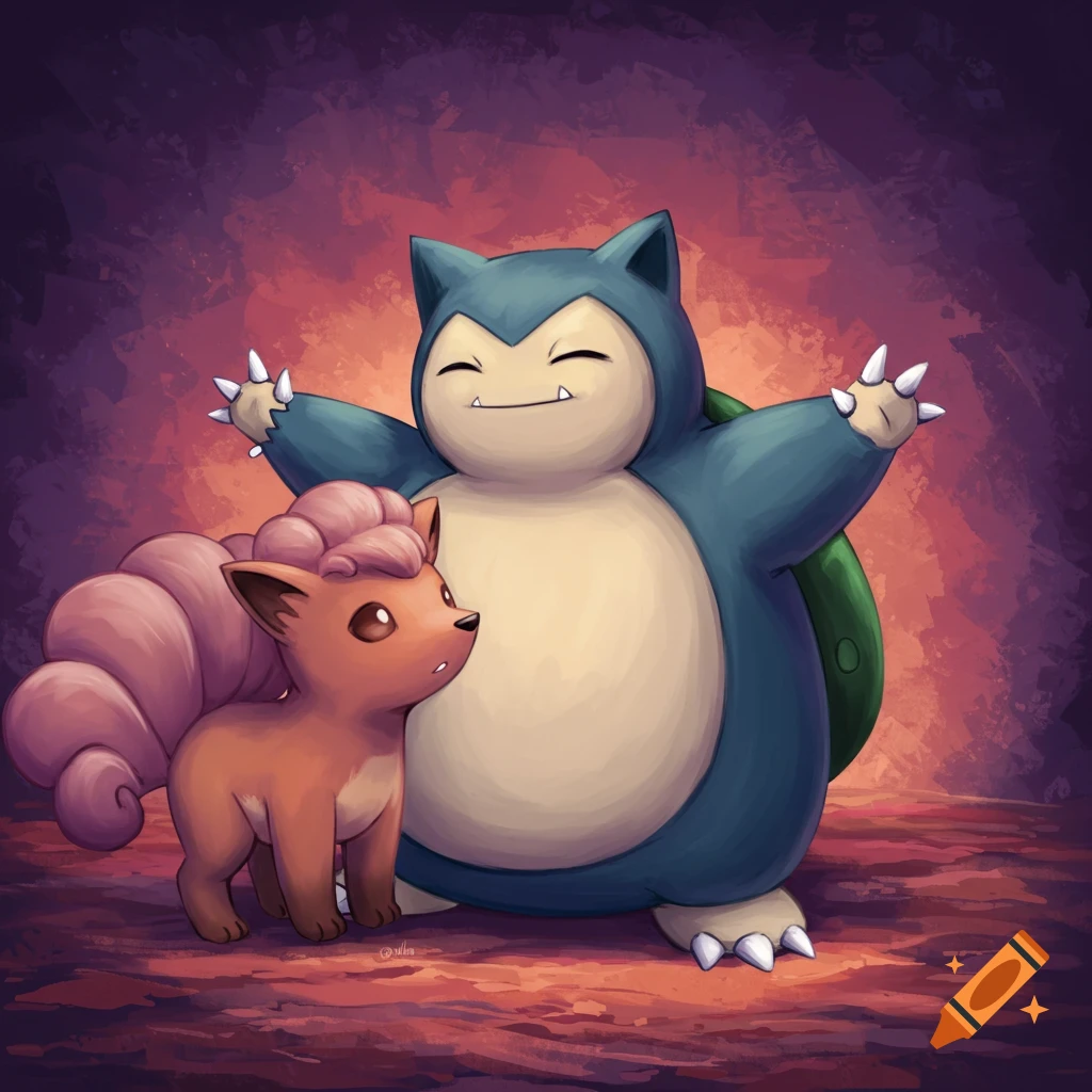Snorlax with arms wide open stands beside a small Vulpix in a colorful, painted background.