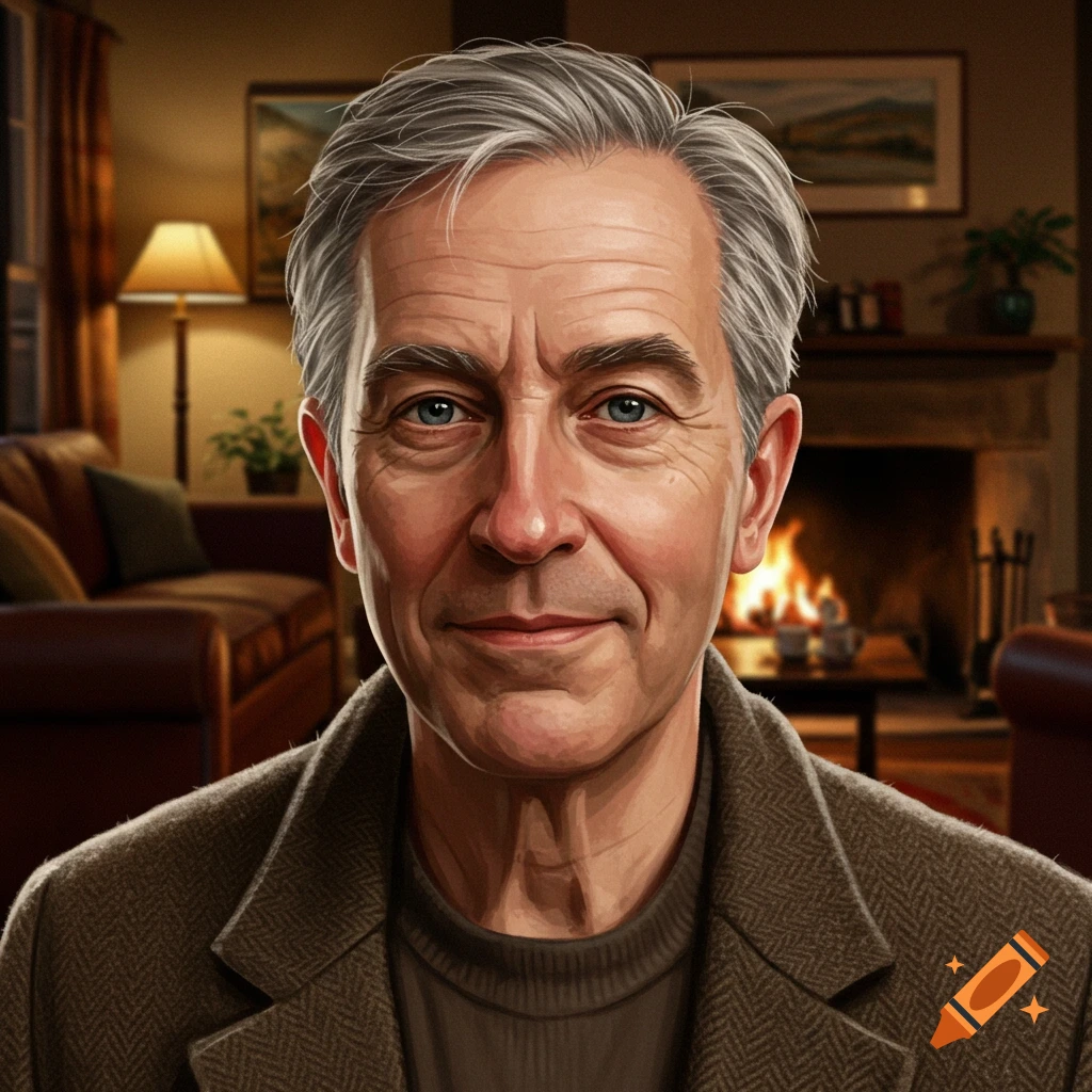 Portrait of an older man in a brown jacket sitting in a living room with a fireplace.