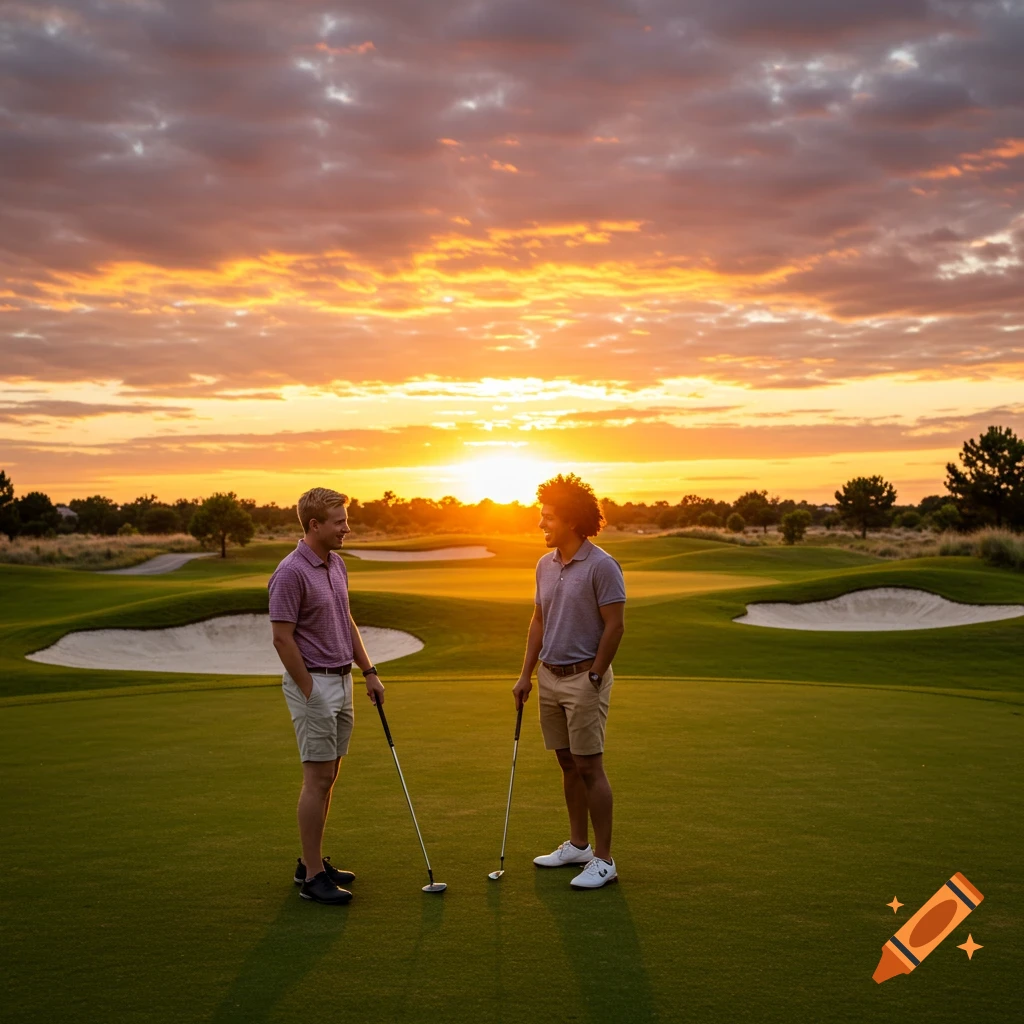 Two men friends golfing on a golf course at sunset.