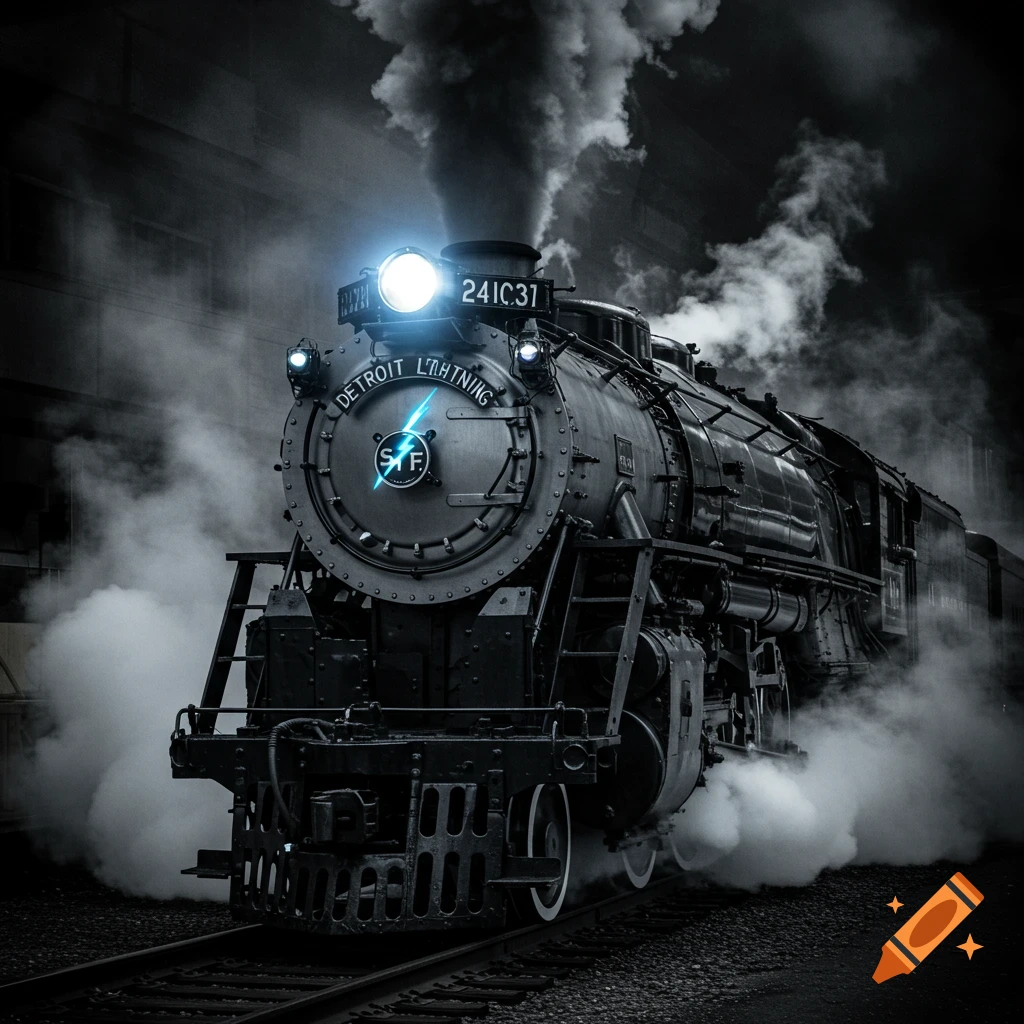 Dramatic black and white photo of a steam locomotive with glowing headlight and smoke
