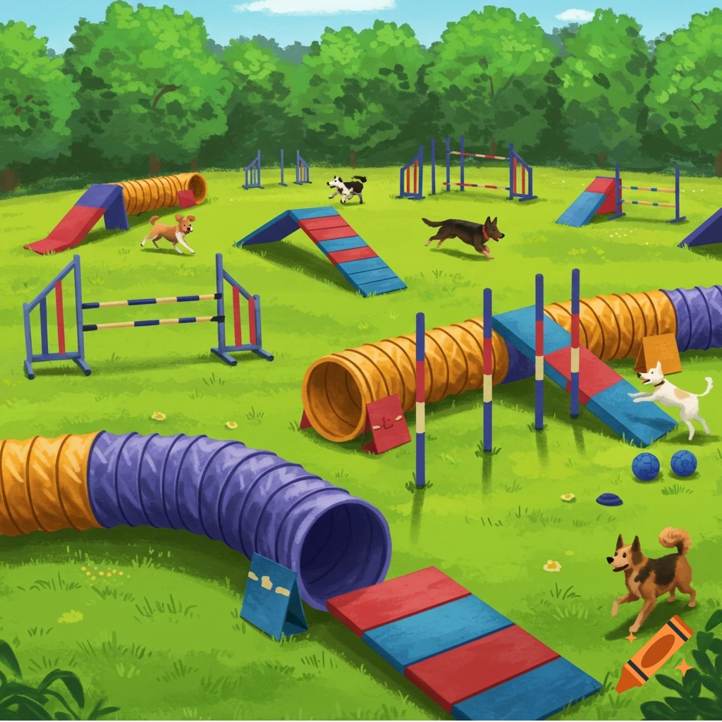 Illustration of several dogs running on a colorful agility course