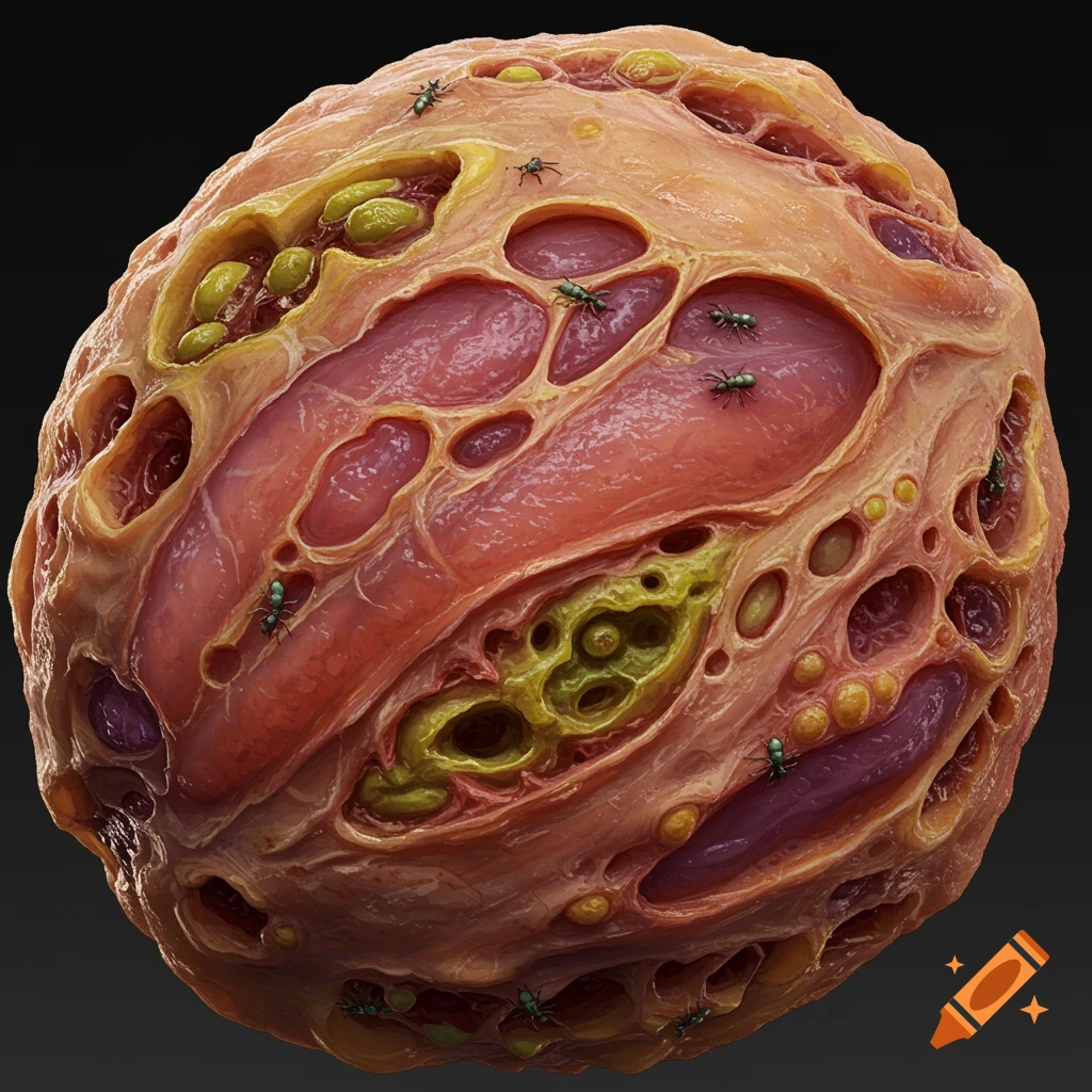 Close-up of a sphere of rotten flesh texture with holes and small green insects.