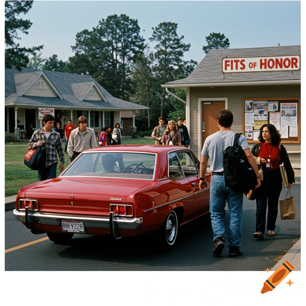 People walk past a red car on a sunny street near a building with a 'Fits of Honor' sign.