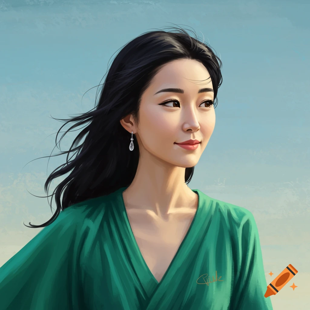Painting of a woman with dark hair in a green dress against a blue sky.