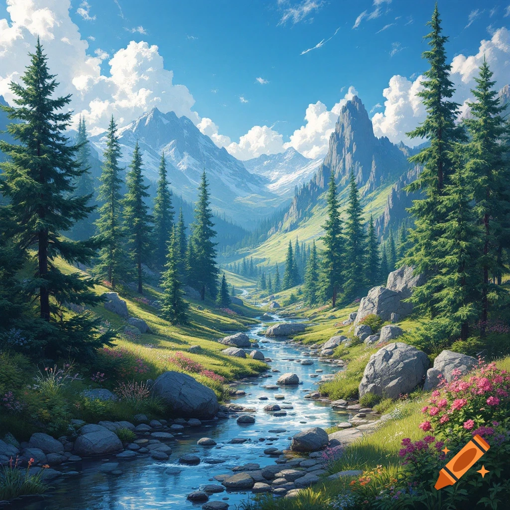Sunny mountain valley with a rocky river flowing through a meadow with pine trees and wildflowers.
