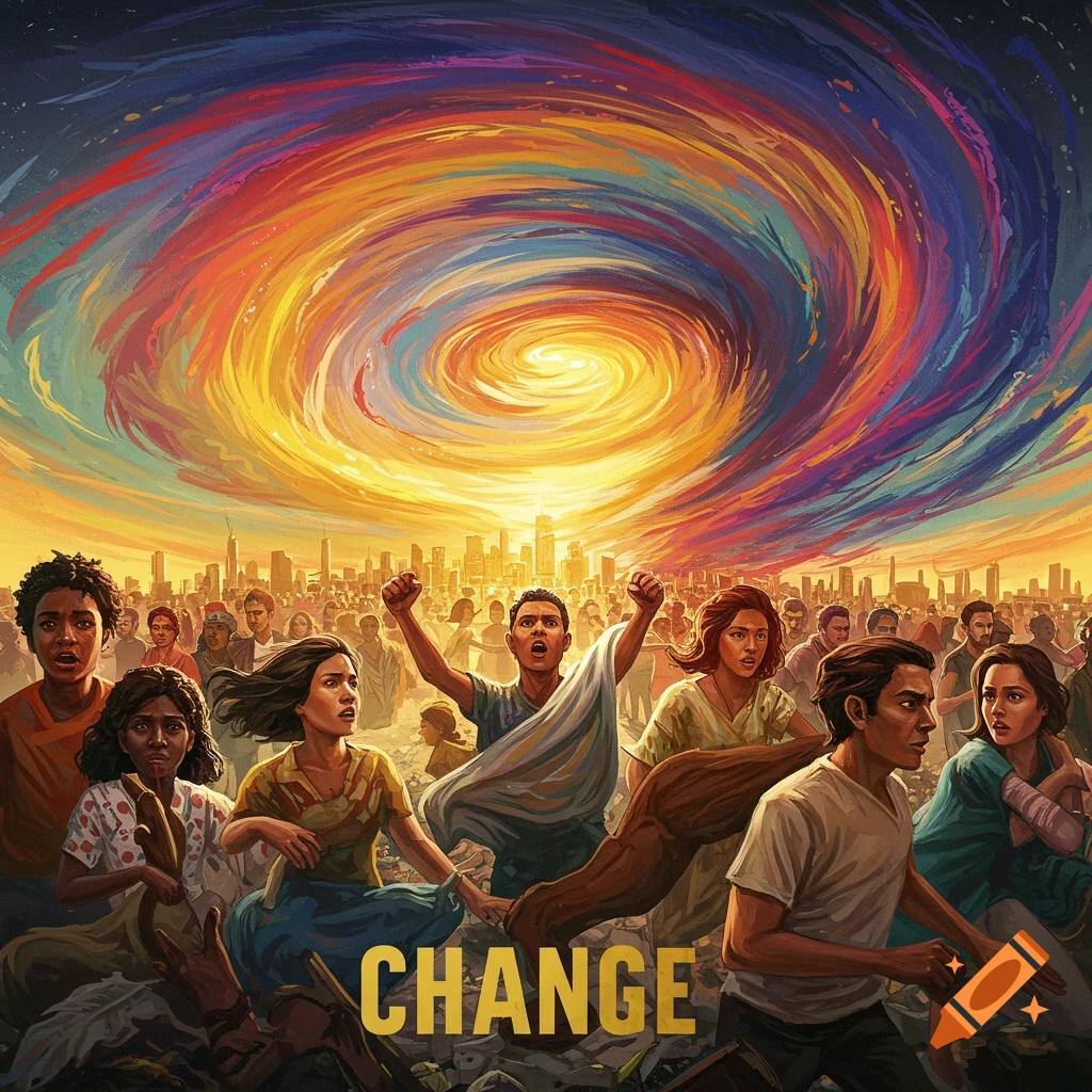 Illustration of a crowd running towards a swirling vortex above a city skyline with the word CHANGE.
